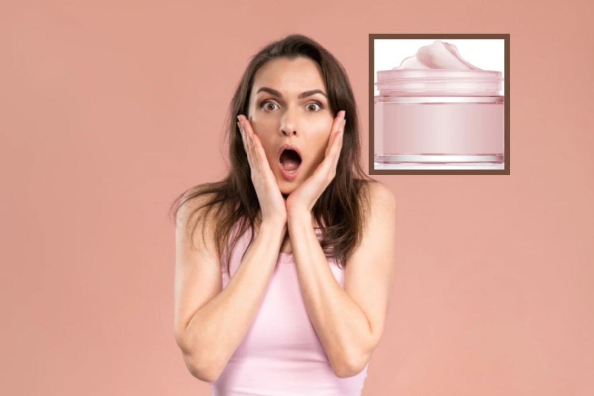 donna scioccata con le mani in faccia e nel riquadro un vasetto di crema viso