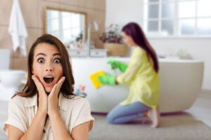 donna che pulisce bagno e un'altra sorpresa