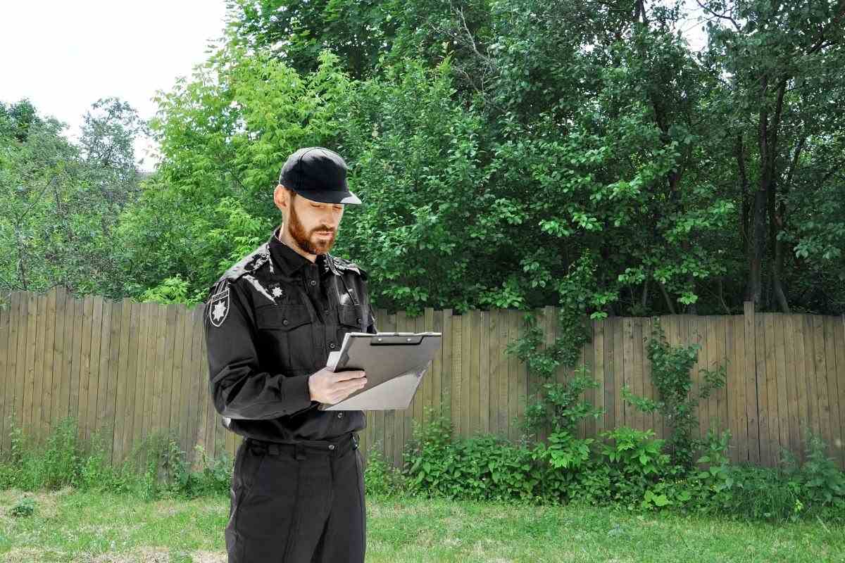 un poliziotto che fa una multa su un giardino mal curato