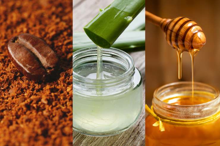tre rimedi naturali, a sinistra il caffè, al centro l'aloe vera ed a sinistra il miele